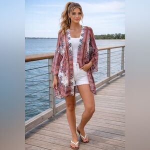 Rust Floral Kimono Cover-Up - Women Swim